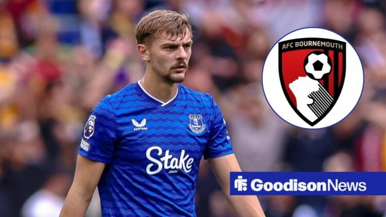 Kiernan Dewsbury-Hall looking at Bournemouth badge in circle