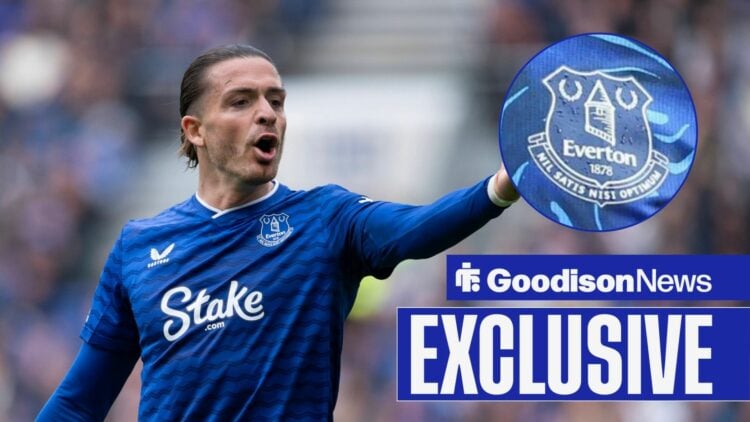 Jack Grealish looking at Everton badge in circle