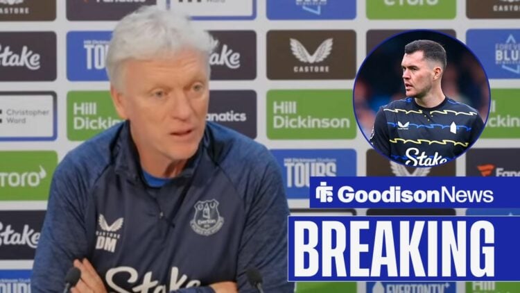 David Moyes speaking at a press conference, with Michael Keane in a circular frame inset