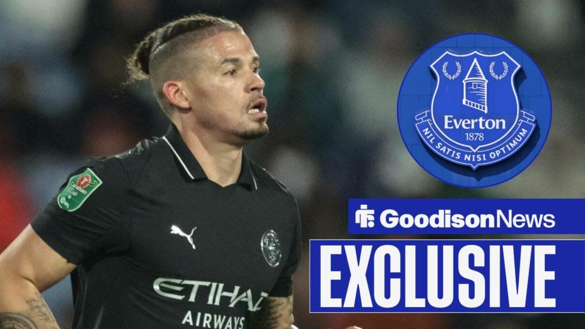 Kalvin Phillips playing for Manchester City looking towards a circle inset of the Everton badge