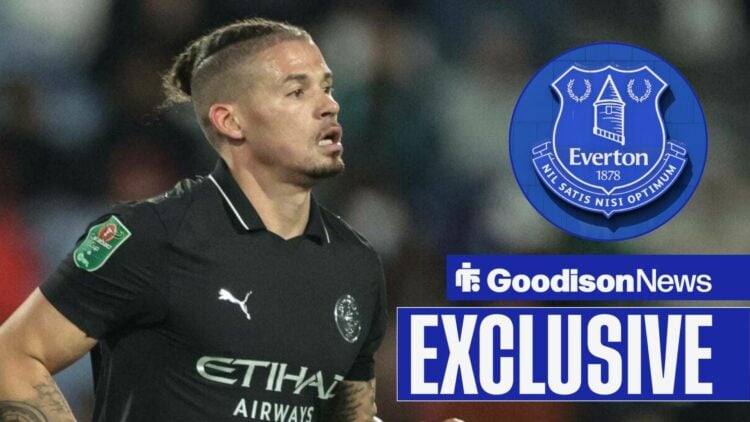 Kalvin Phillips playing for Manchester City looking towards a circle inset of the Everton badge