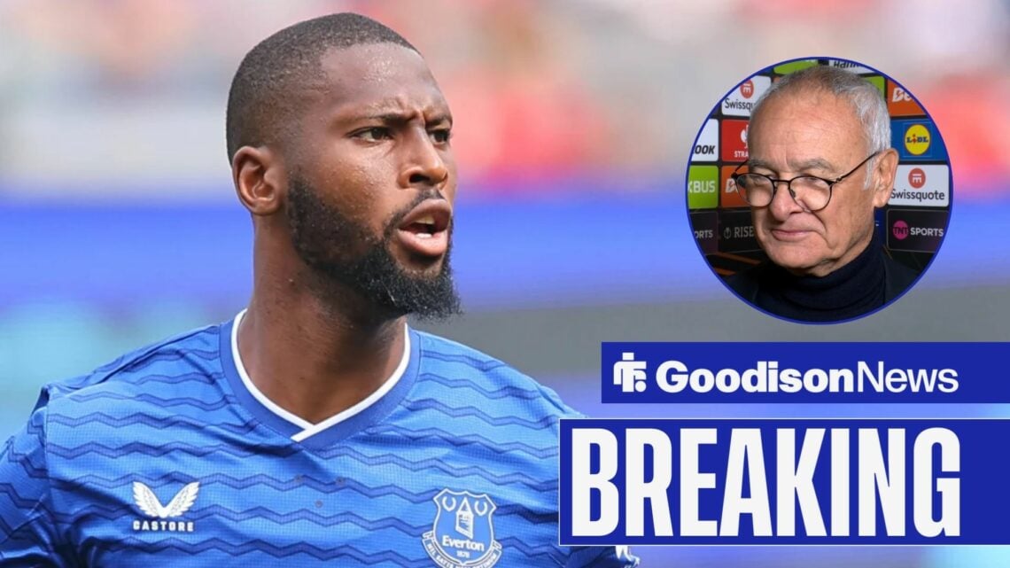 Beto playing for Everton looking towards Claudio Ranieri smiling in a circle inset