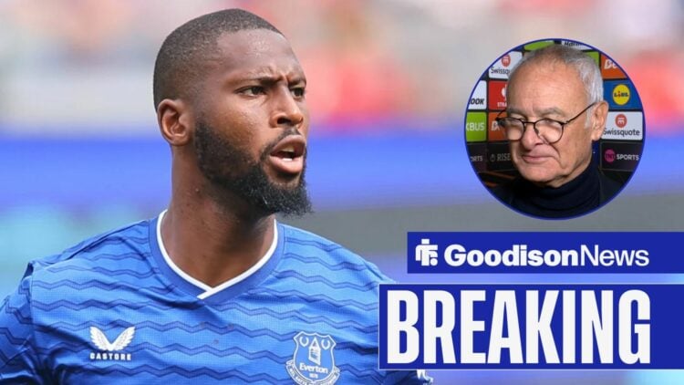 Beto playing for Everton looking towards Claudio Ranieri smiling in a circle inset