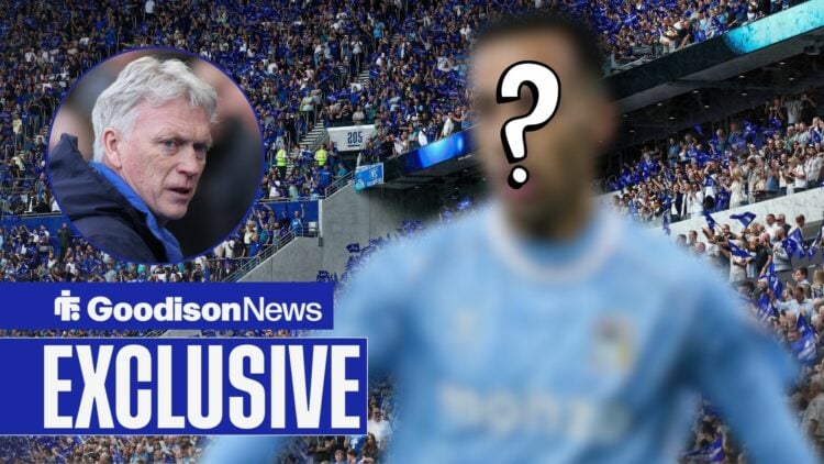 Everton fans waving flags at the Hill Dickinson Stadium behind a blurred image of Dwight McNeil in a Coventry City shirt alongside a circle inset o...