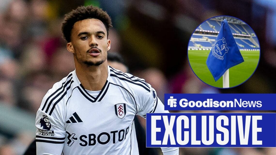 Antonee Robinson playing for Fulham looking towards a circle inset of an Everton flag at the Hill Dickinson Stadium in a circle inset