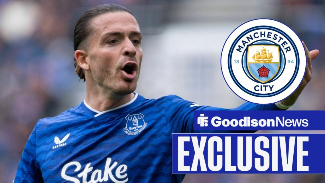 Jack Grealish playing for Everton shouting while looking towards a circle inset of the Manchester City badge