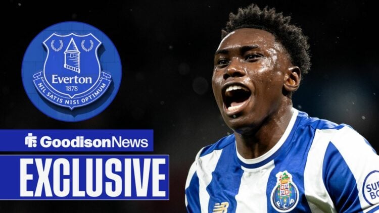 Samu Omorodion celebrating for Porto looking towards a circle inset of the Everton badge