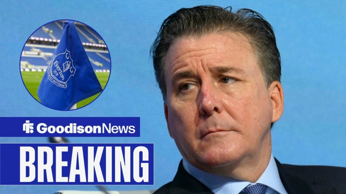 Dan Friedkin looks towards a circular frame of an Everton corner flag