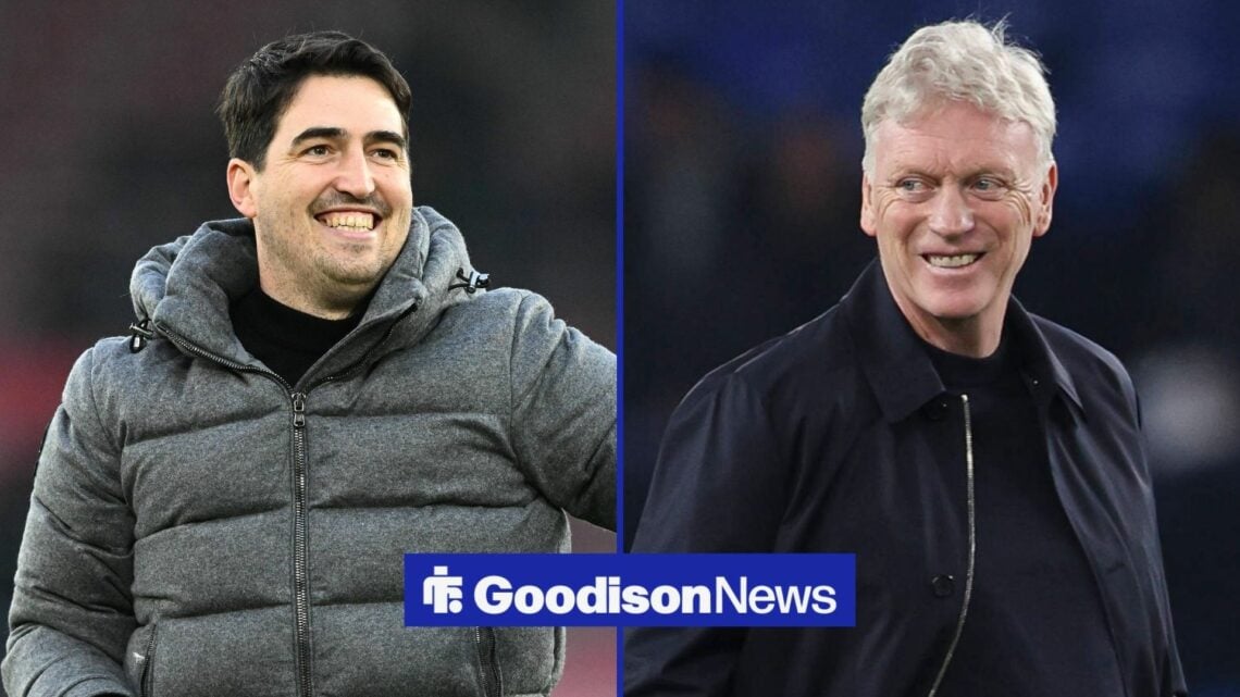 David Moyes and Andoni Iraola looking and smiling at one another.