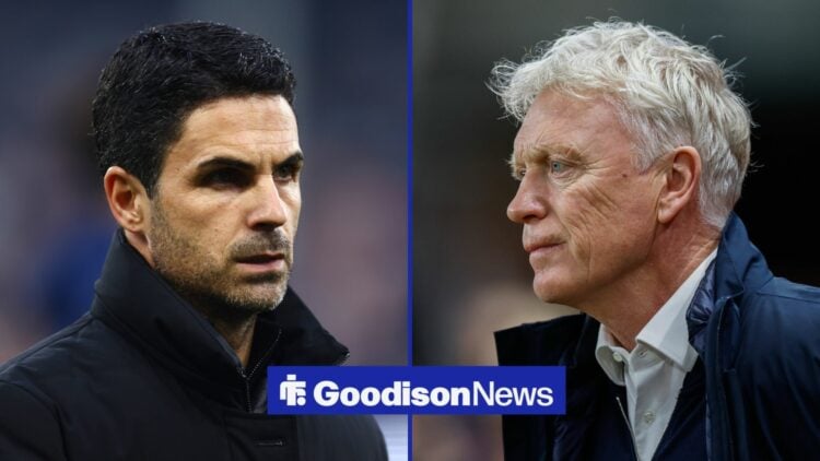 David Moyes and Mikel Arteta looking at one another with a serious expression.