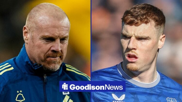 Sean Dyche and Jake O'Brien looking at one another with a stern expression.