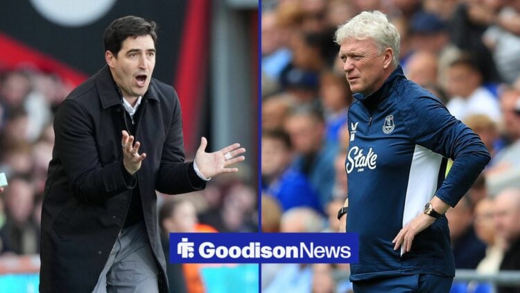 Andoni Iraola on left looking at David Moyes on right