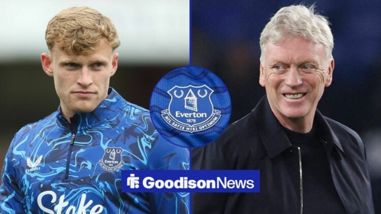 Jarrad Branthwaite and David Moyes both looking giddy in the direction of one another with an Everton badge in the middle.