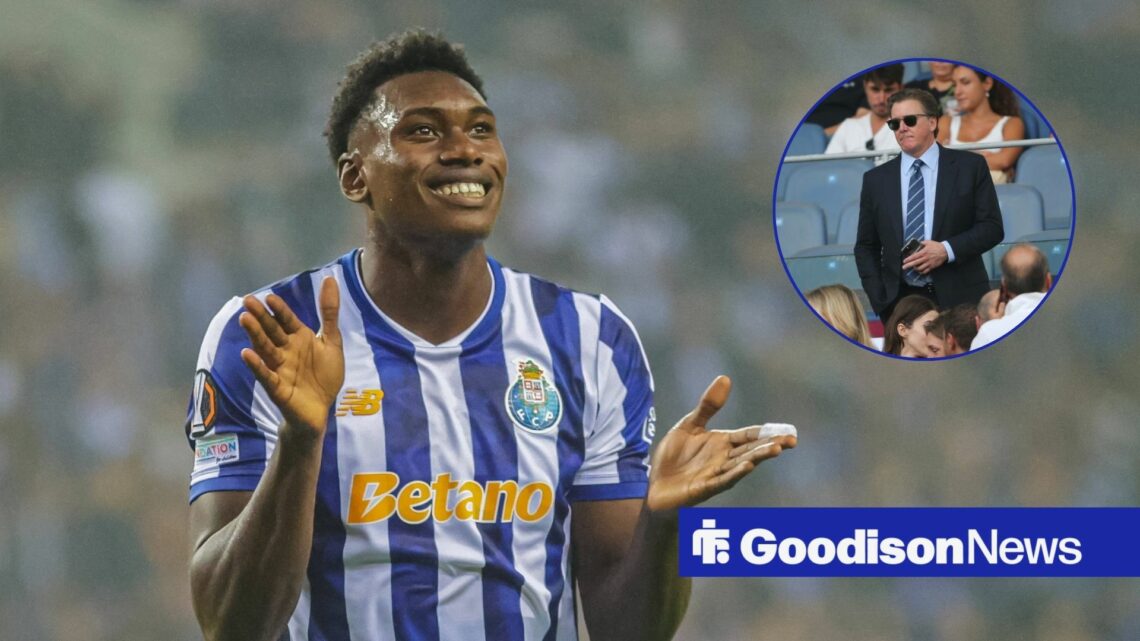 Samu Aghehowa smiles and claps playing for Porto and Dan Friedkin in a round overlay