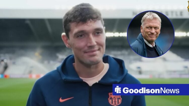 Barcelona defender Andreas Christensen smiling, Everton boss David Moyes in inset.