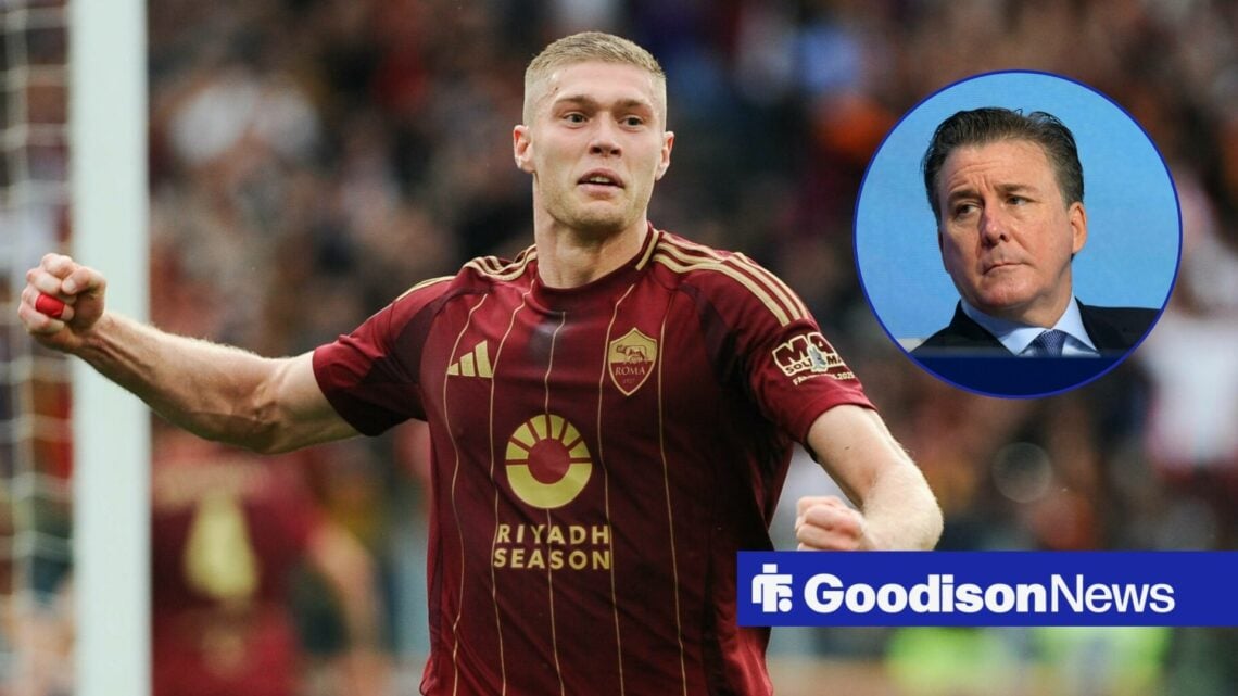 Artem Dovbyk celebrates, with Dan Friedkin in a circular frame inset