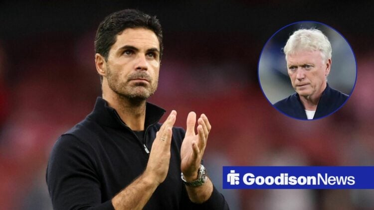 Mikel Arteta next to a circular inset of David Moyes