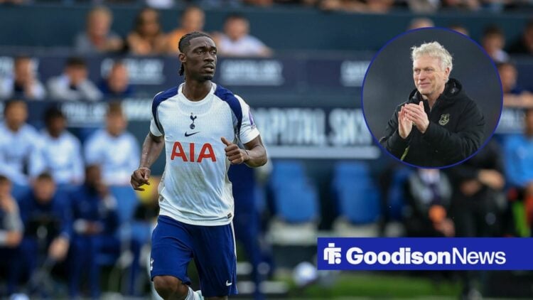 Yves Bissouma playing for Tottenham and Everton boss David Moyes claps in a round overlay