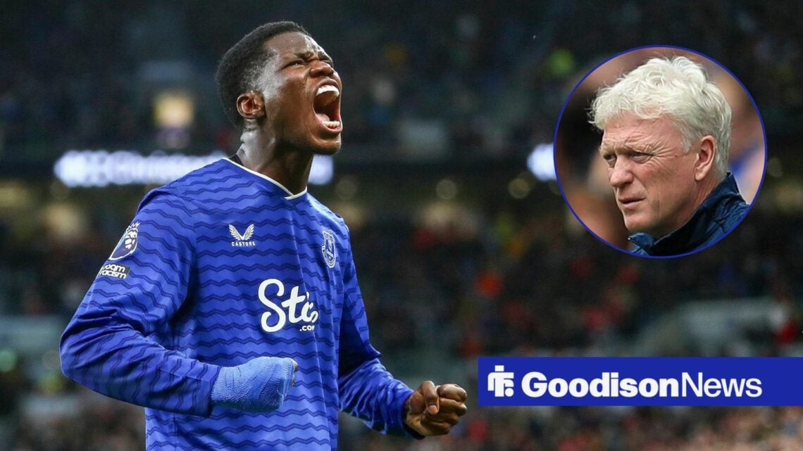 Thierno Barry celebrates, with David Moyes in a circular frame inset