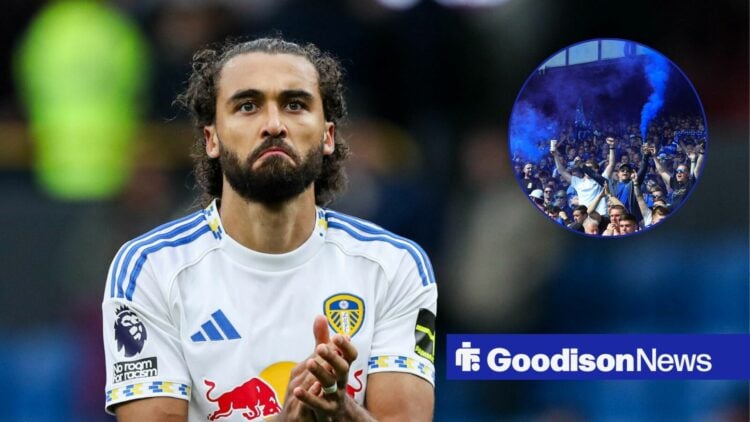 Dominic Calvert-Lewin claps in a Leeds shirt and Everton fans in a round overlay