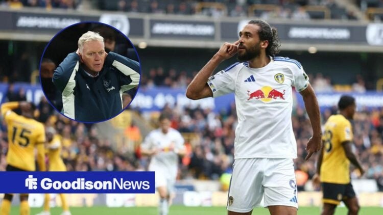 Dominic Calvert-Lewin points to his ear celebrating for Leeds and David Moyes puts his hands on his head in a round overlay