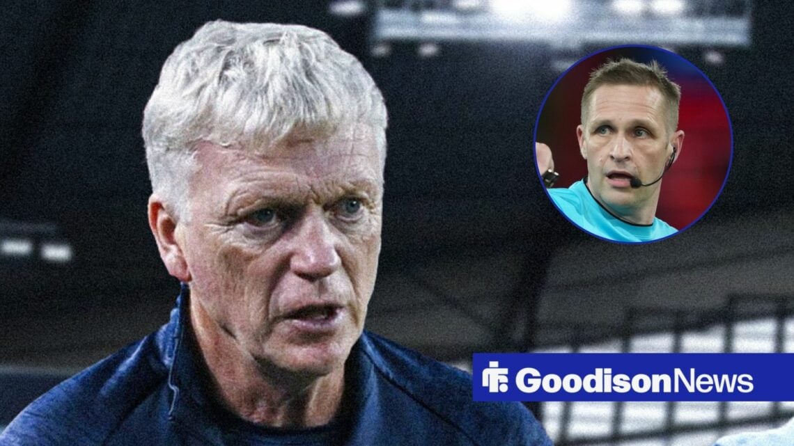 David Moyes looking livid, Craig Pawson in inset.