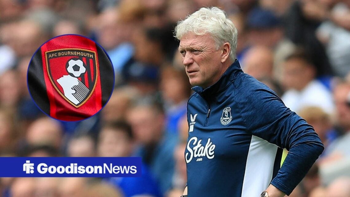 Everton boss David Moyes looking miserable, Bournemouth badge in inset.