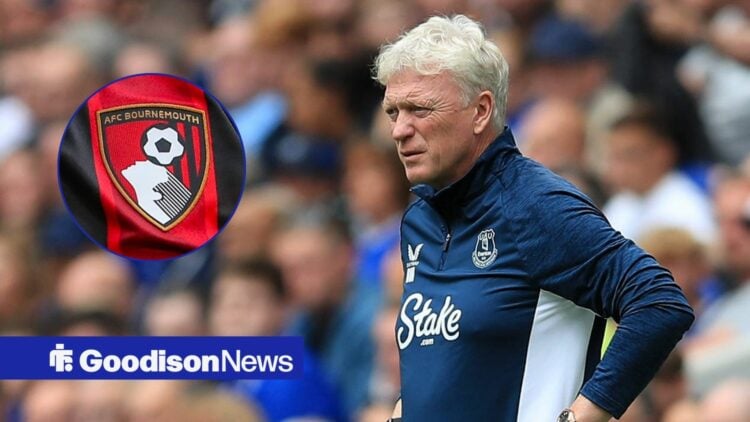 Everton boss David Moyes looking miserable, Bournemouth badge in inset.