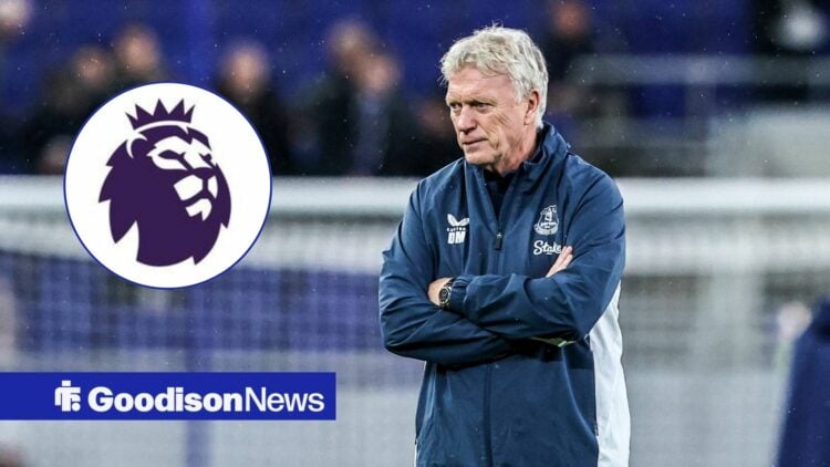 Everton boss David Moyes looking angry, Premier League badge in inset.