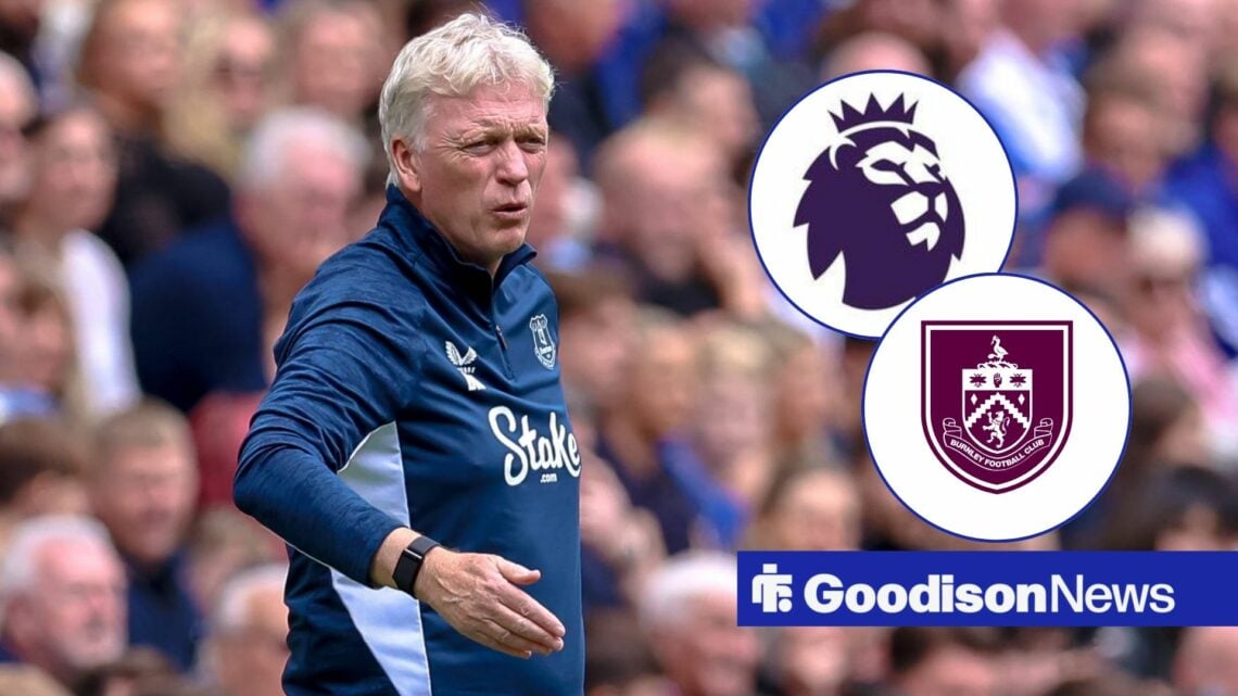 Everton boss David Moyes looking angry, Burnley and Premier League badges in inset.