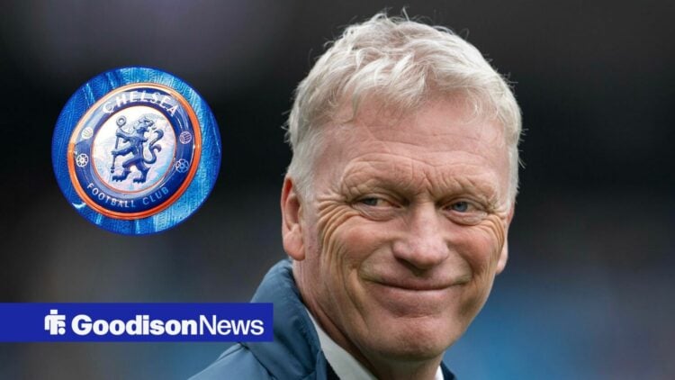 Everton boss David Moyes smiling, Chelsea badge in inset.