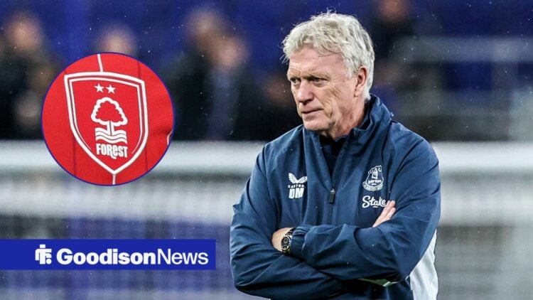 Everton boss David Moyes looking angry, Nottingham Forest badge in inset.