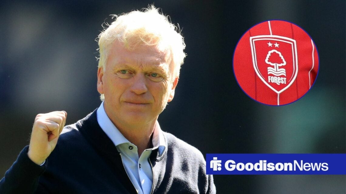 Everton boss David Moyes looking happy, Nottingham Forest badge in inset.