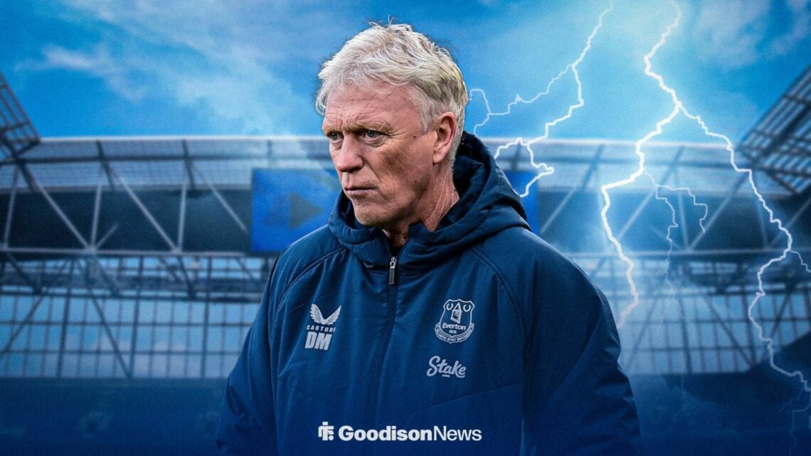 Everton manager David Moyes with gloomy conditions at the Hill Dickinson Stadium behind him.