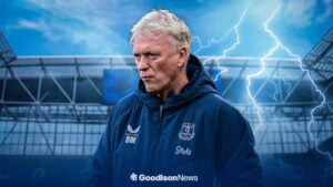 Everton manager David Moyes with gloomy conditions at the Hill Dickinson Stadium behind him.