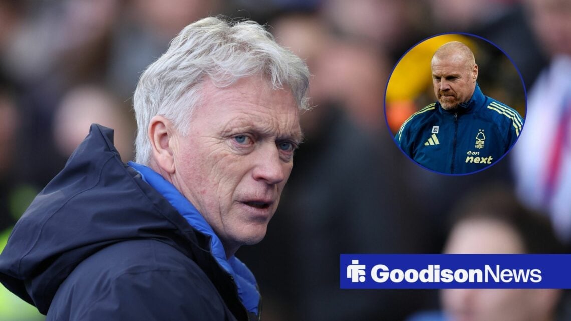 Everton boss David Moyes looking upset, Sean Dyche in inset.