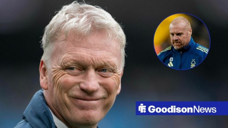 Everton boss David Moyes smiling, Sean Dyche in inset.