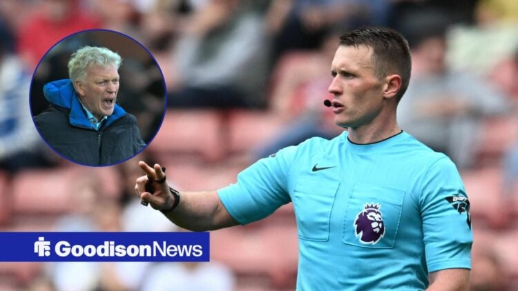 Thomas Bramall refereeing a game, with David Moyes shouting in a circular frame inset