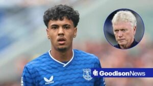 Everton defender Adam Aznou and David Moyes in circular inset