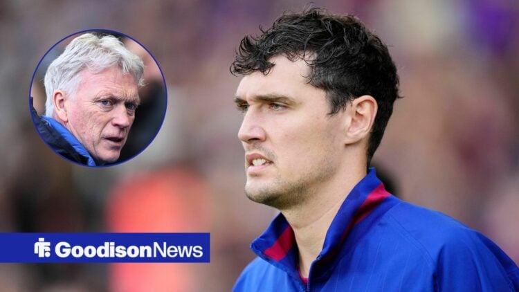 Barcelona defender Andreas Christensen and Everton manager David Moyes in ciruclar inset