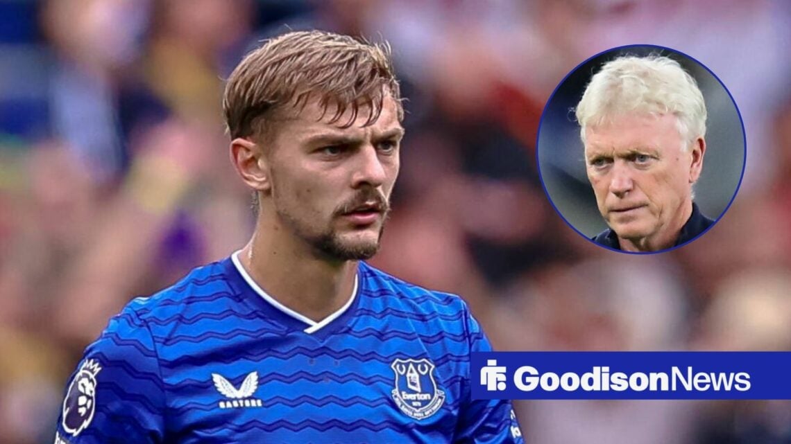 Everton midfielder Kiernan Dewsbury-Hall and David Moyes in circular inset