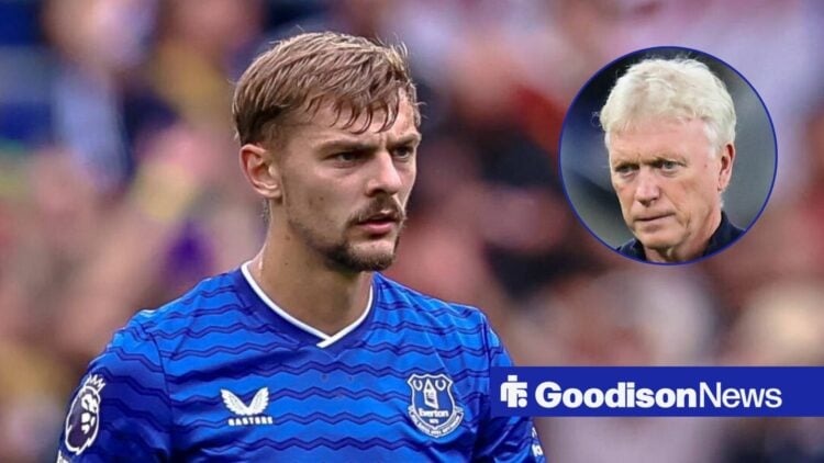 Everton midfielder Kiernan Dewsbury-Hall and David Moyes in circular inset