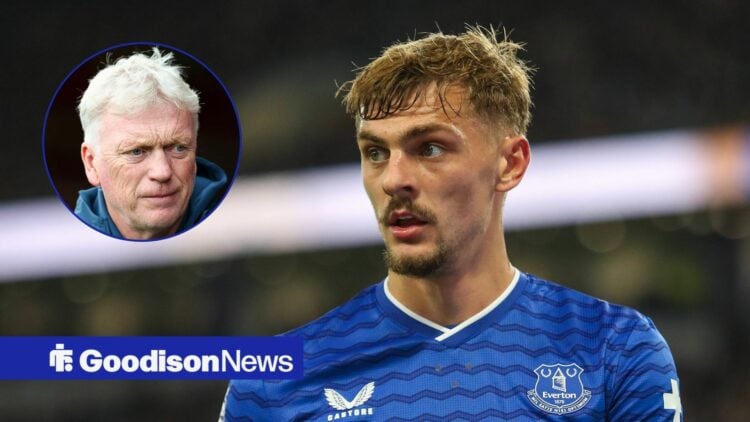 Everton midfielder Kiernan Dewsbury-Hall and David Moyes in circular inset