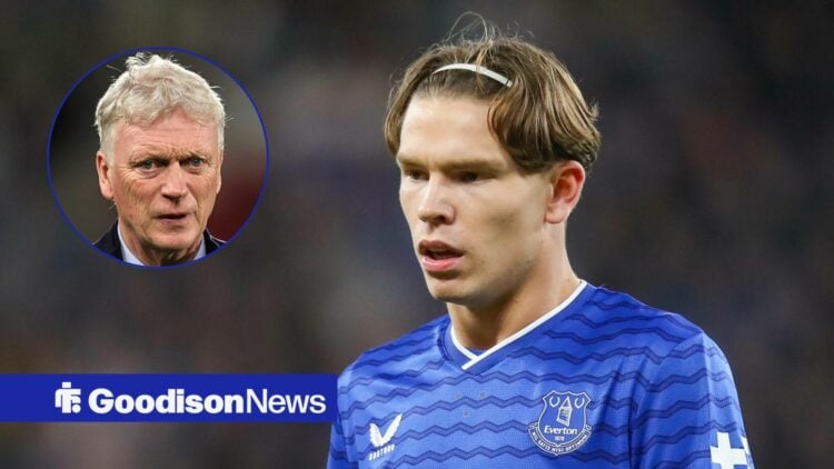 Everton forward Tyker Dibling and David Moyes in circular inset