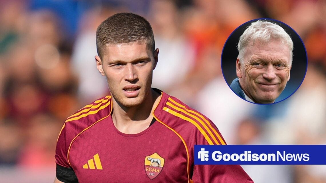 Roma striker Artem Dovbyk and Everton manager David Moyes in circular inset