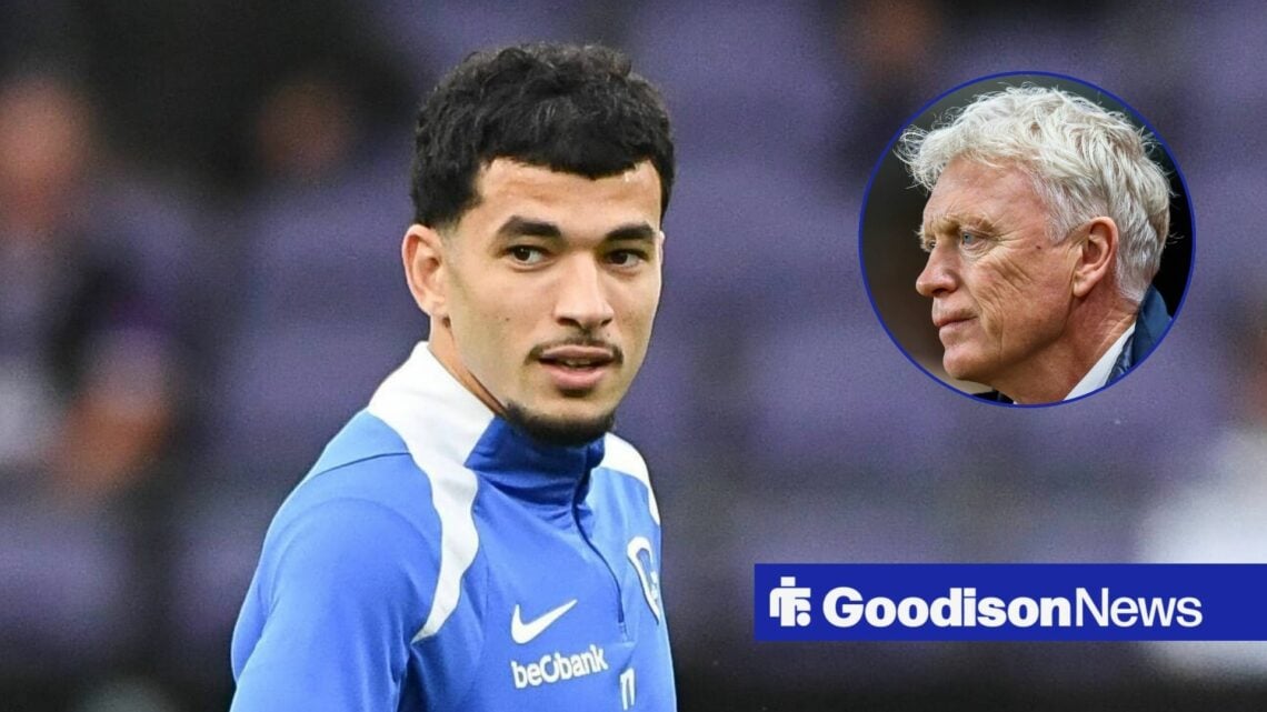 Genk defender Zakaria El Ouahdi and Everton manager David Moyes in circular inset