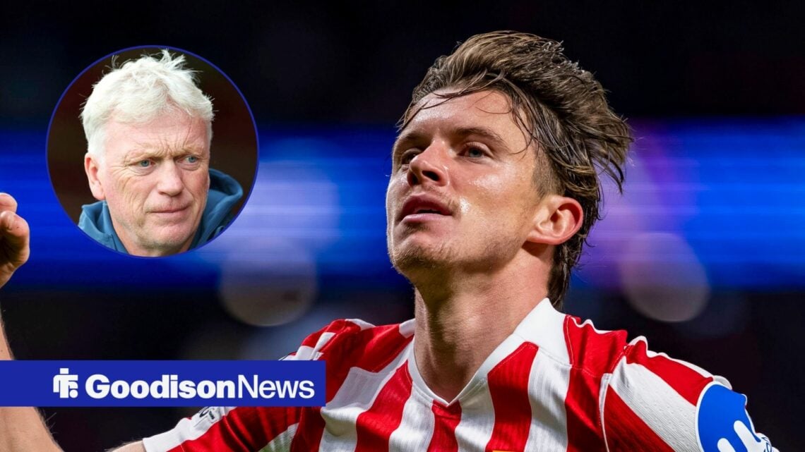Atletico Madrid midfielder Conor Gallagher and Everton manager David Moyes in circular inset