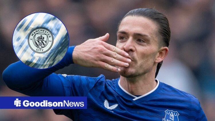 Everton forward Jack Grealish and Manchester City badge in circular inset