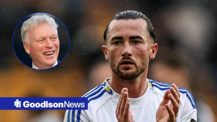 Leeds United forward Jack Harrison and Everton manager David Moyes in circular inset