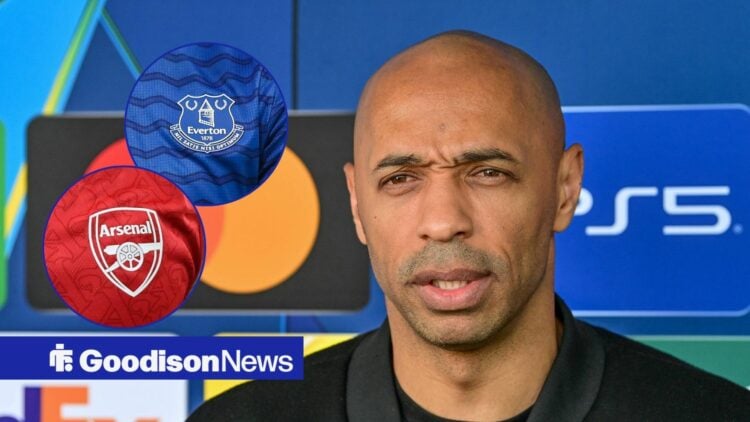 Thierry Henry with Everton and Arsenal badge in circular inset